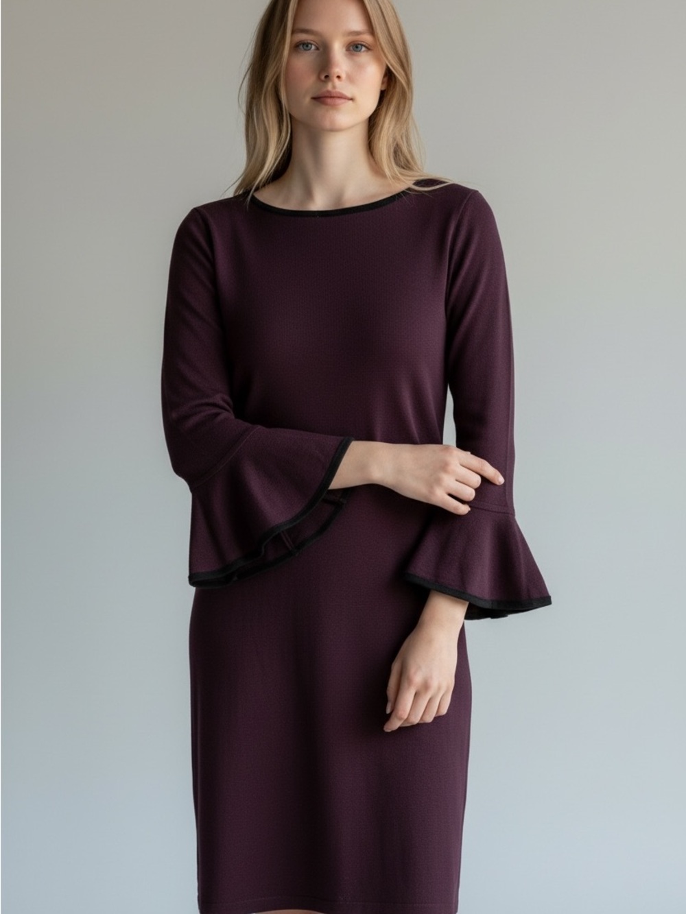 Calvin Klein Plum Bell-Sleeve Sheath Dress with Black Trim